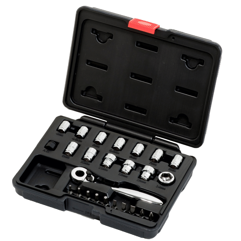 Conjunto de 25 peças de chave de encaixe 11H (1/4″) e soquetes e bits supercurtos (mm)