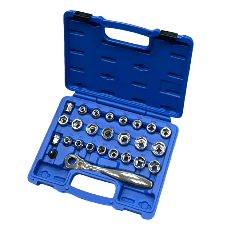 Conjunto de 26 peças de chave de encaixe de 17H (3/8″), soquetes supercurtos e soquetes E