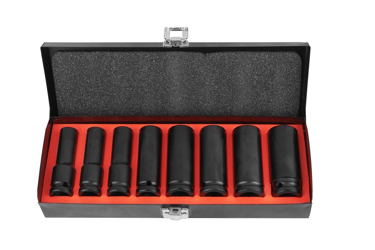 Black deep impact socket set stored in a metal case